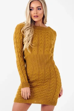 Rebellious Fashion Mustard Cable Knit Jumper Midi Dress - Jaylie