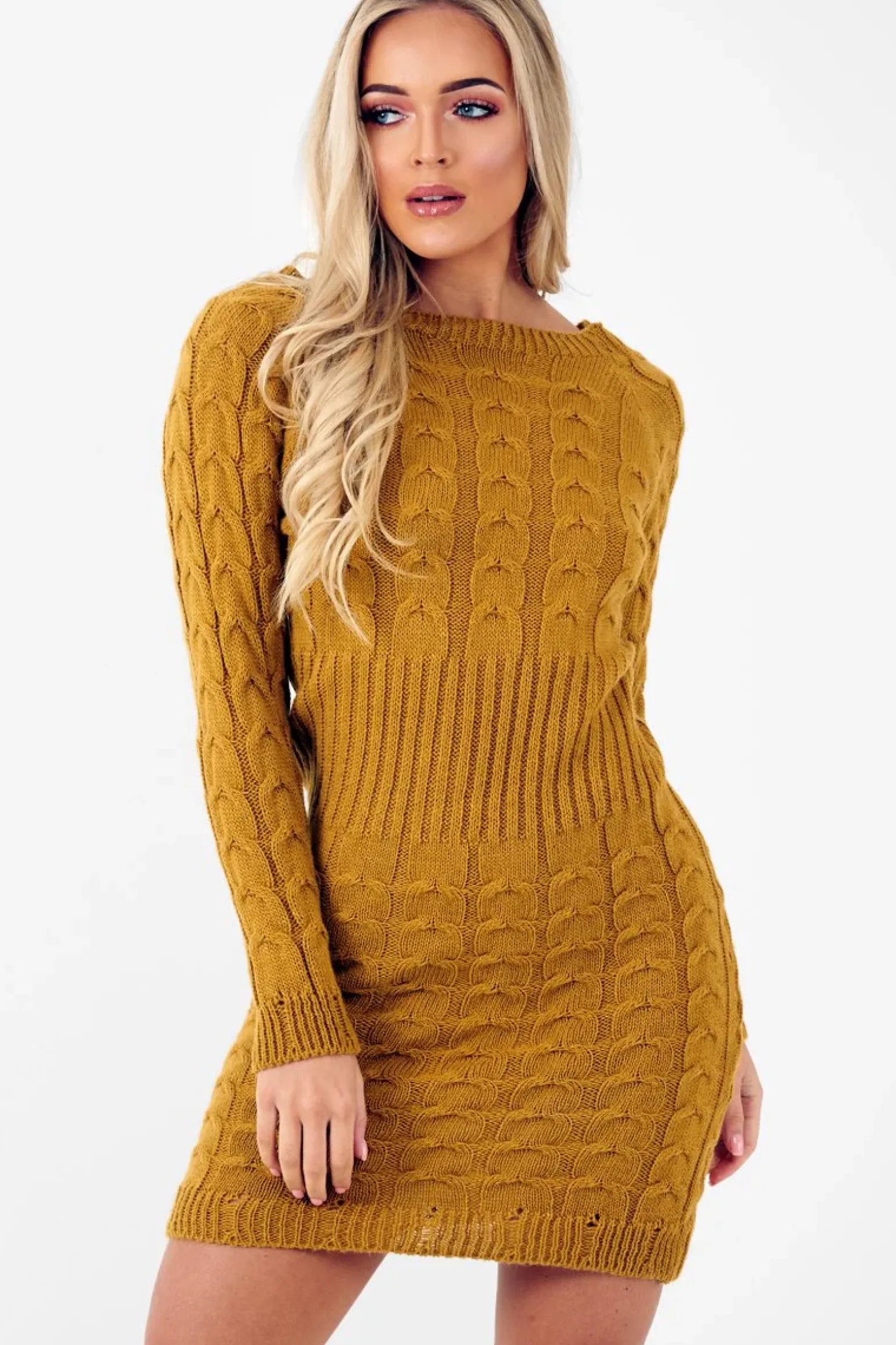 Rebellious Fashion Mustard Cable Knit Jumper Midi Dress - Jaylie