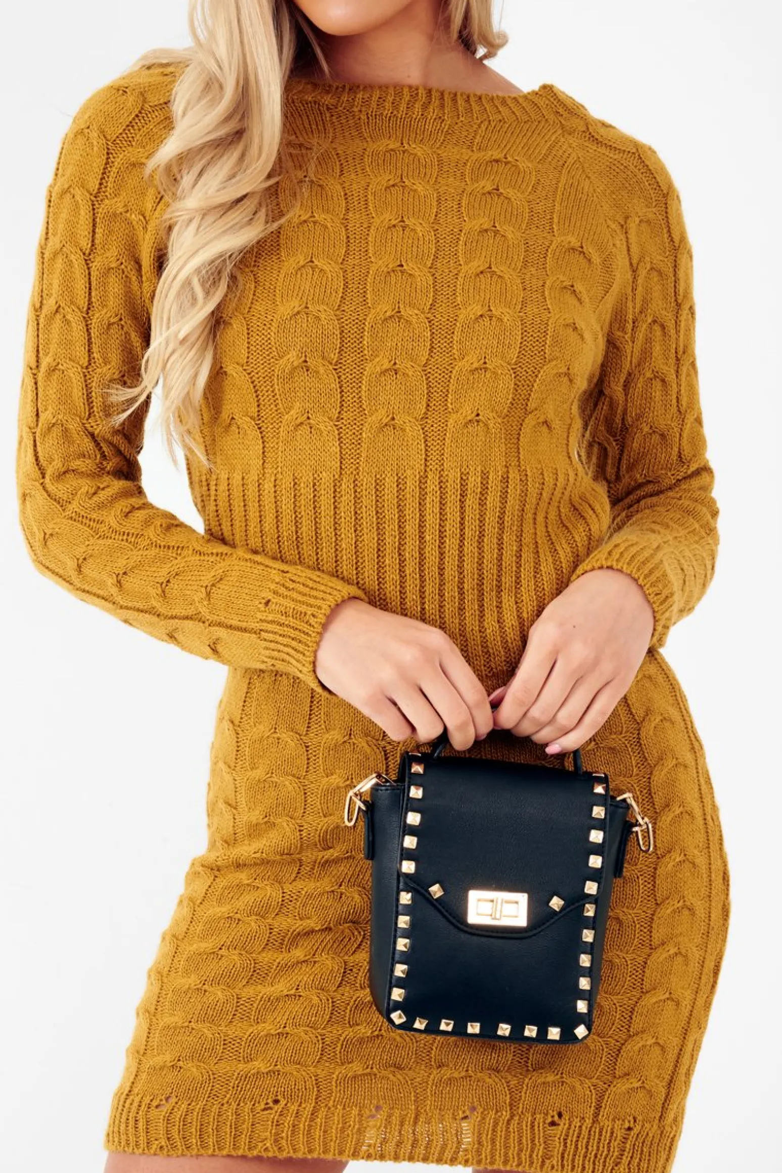 Rebellious Fashion Mustard Cable Knit Jumper Midi Dress - Jaylie