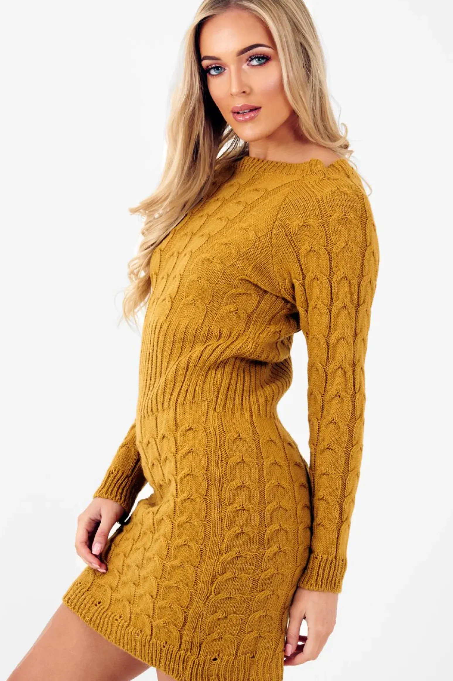 Rebellious Fashion Mustard Cable Knit Jumper Midi Dress - Jaylie