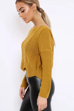 Rebellious Fashion Mustard Cable Knit Scalloped Hem Jumper - Lilliana