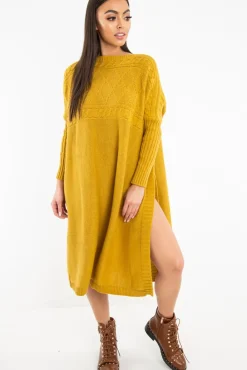 Rebellious Fashion Mustard Cable Knit Side Split Jumper Dress - Maniya