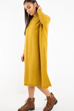 Rebellious Fashion Mustard Cable Knit Side Split Jumper Dress - Maniya