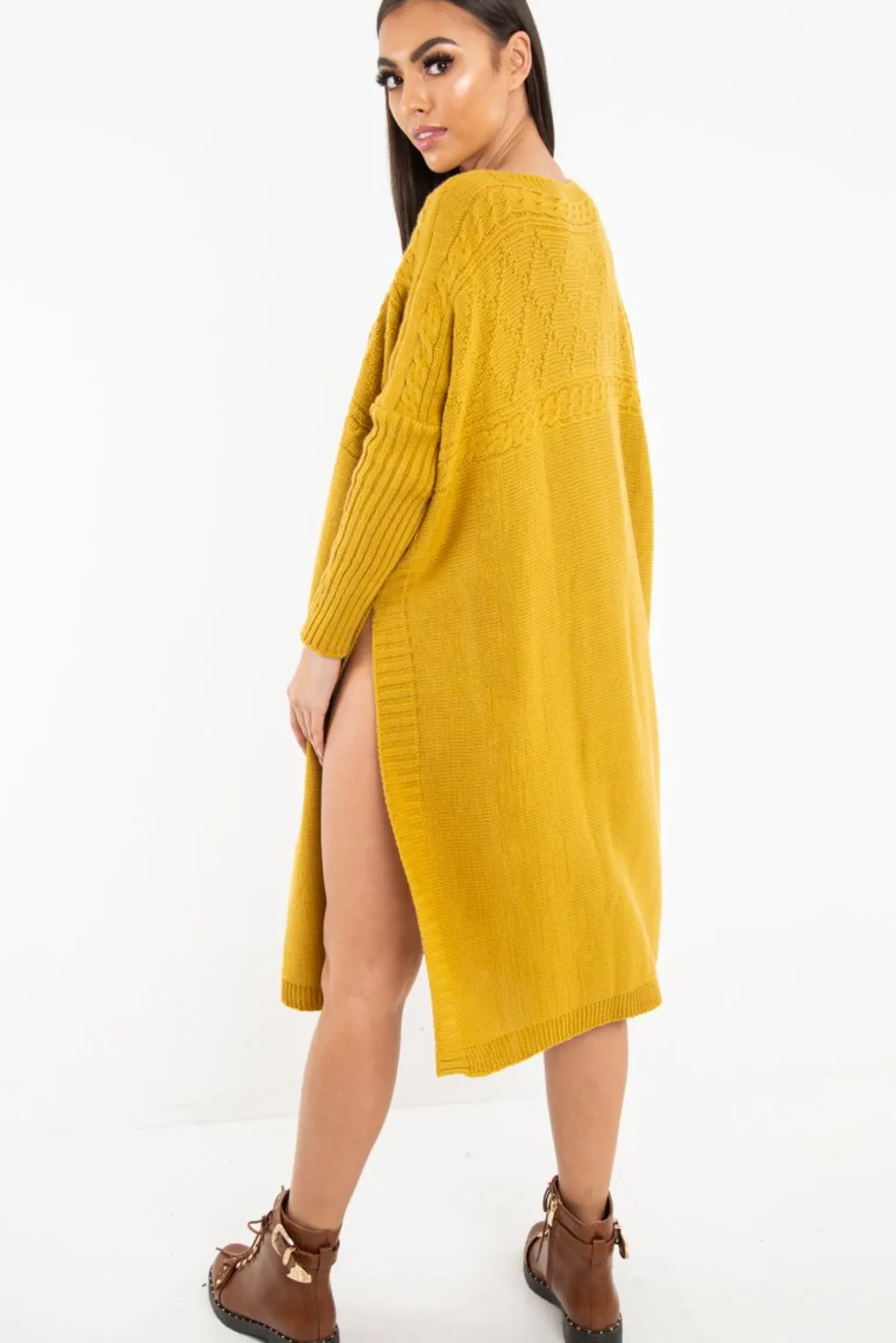 Rebellious Fashion Mustard Cable Knit Side Split Jumper Dress - Maniya