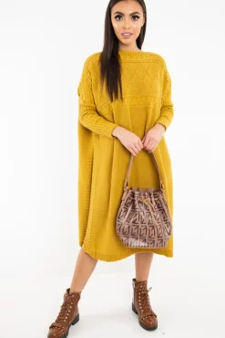 Rebellious Fashion Mustard Cable Knit Side Split Jumper Dress - Maniya