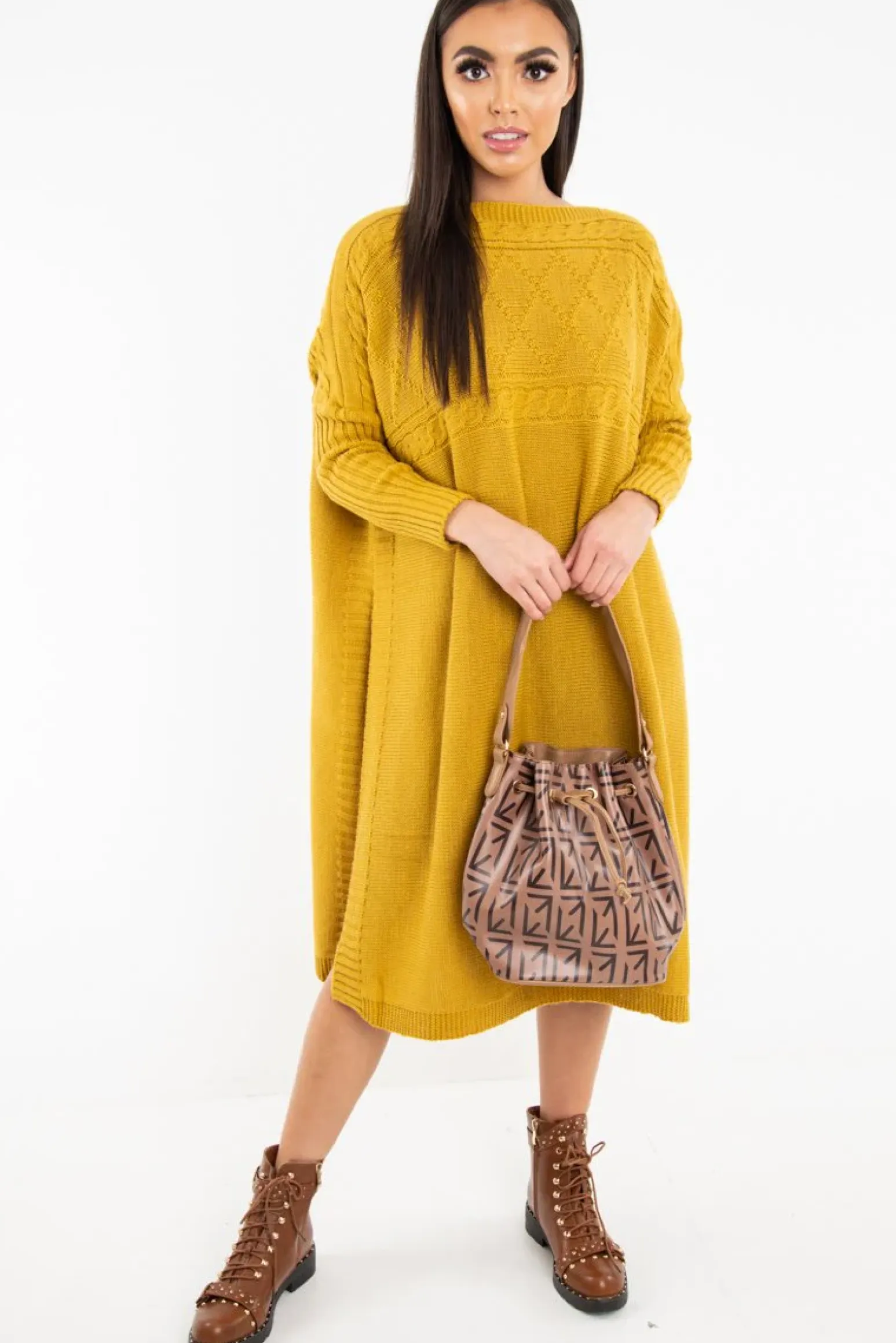 Rebellious Fashion Mustard Cable Knit Side Split Jumper Dress - Maniya
