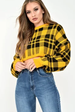 Rebellious Fashion Mustard Check Batwing Crop Knit Jumper - Marisa