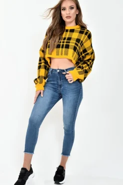 Rebellious Fashion Mustard Check Batwing Crop Knit Jumper - Marisa