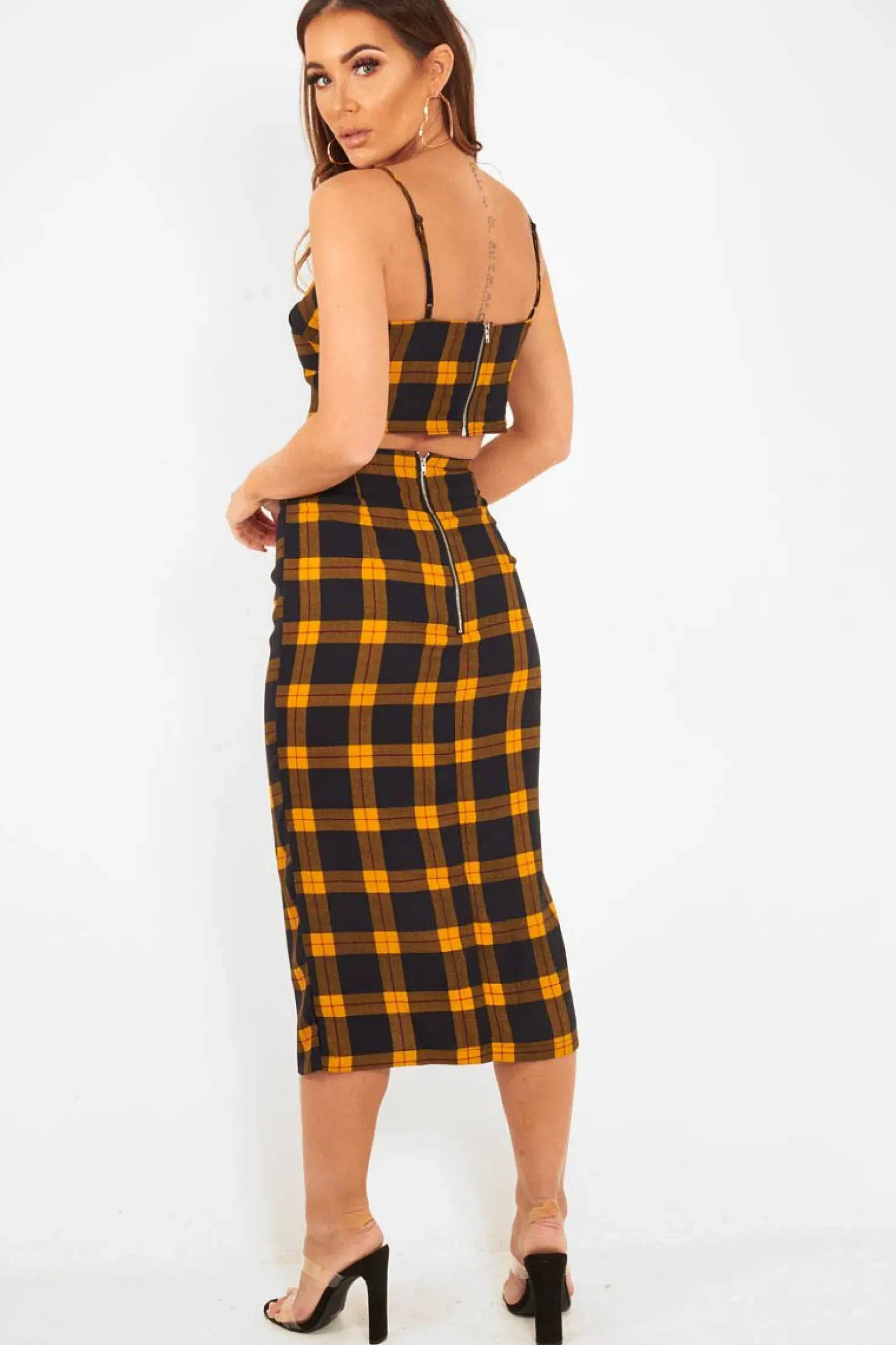 Rebellious Fashion Mustard Check Bralet And Midi Skirt Co-ord - Caden