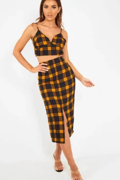 Rebellious Fashion Mustard Check Bralet And Midi Skirt Co-ord - Caden