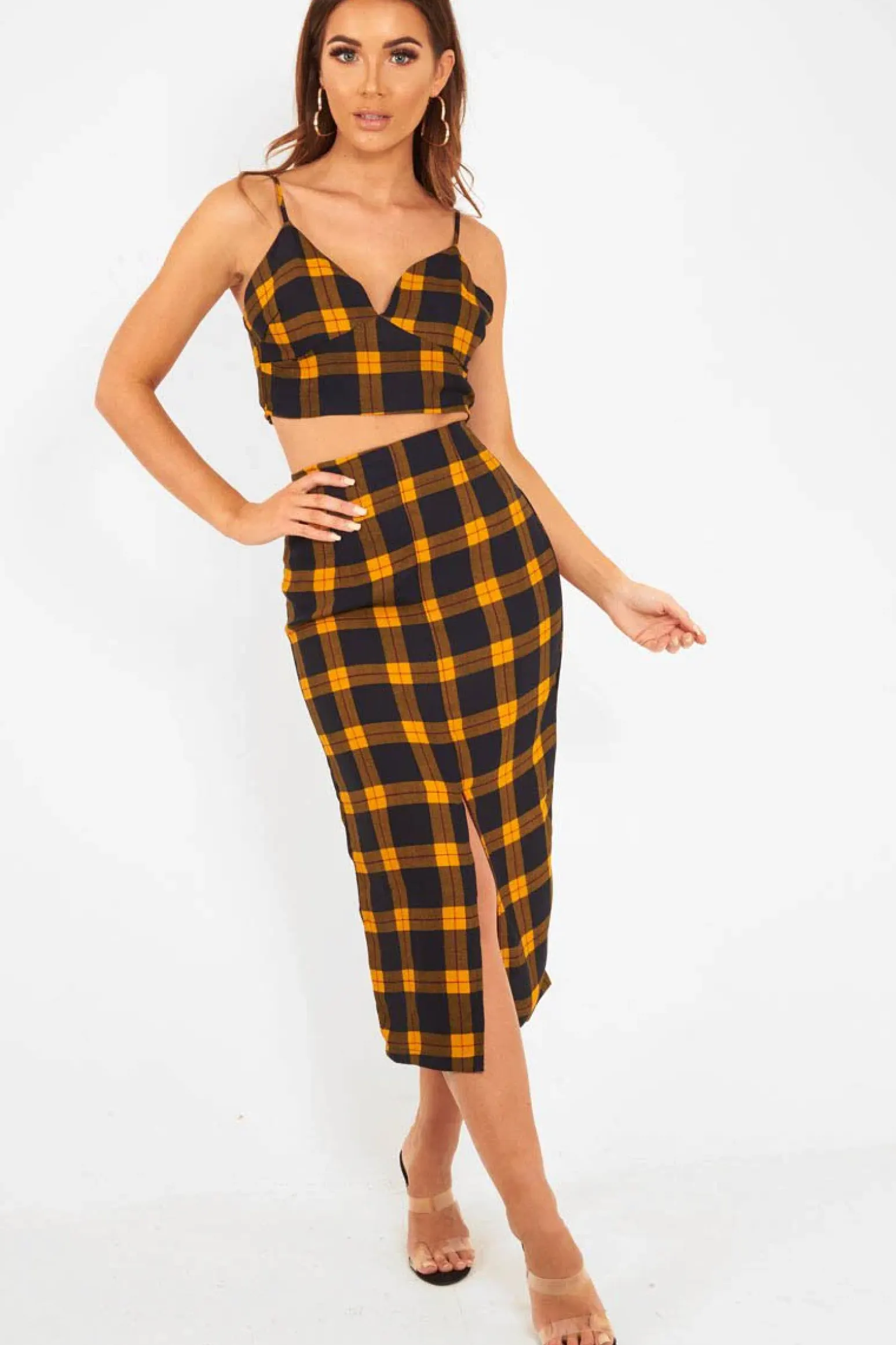Rebellious Fashion Mustard Check Bralet And Midi Skirt Co-ord - Caden