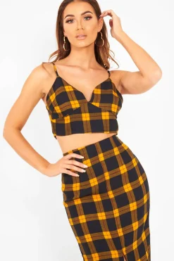 Rebellious Fashion Mustard Check Bralet And Midi Skirt Co-ord - Caden