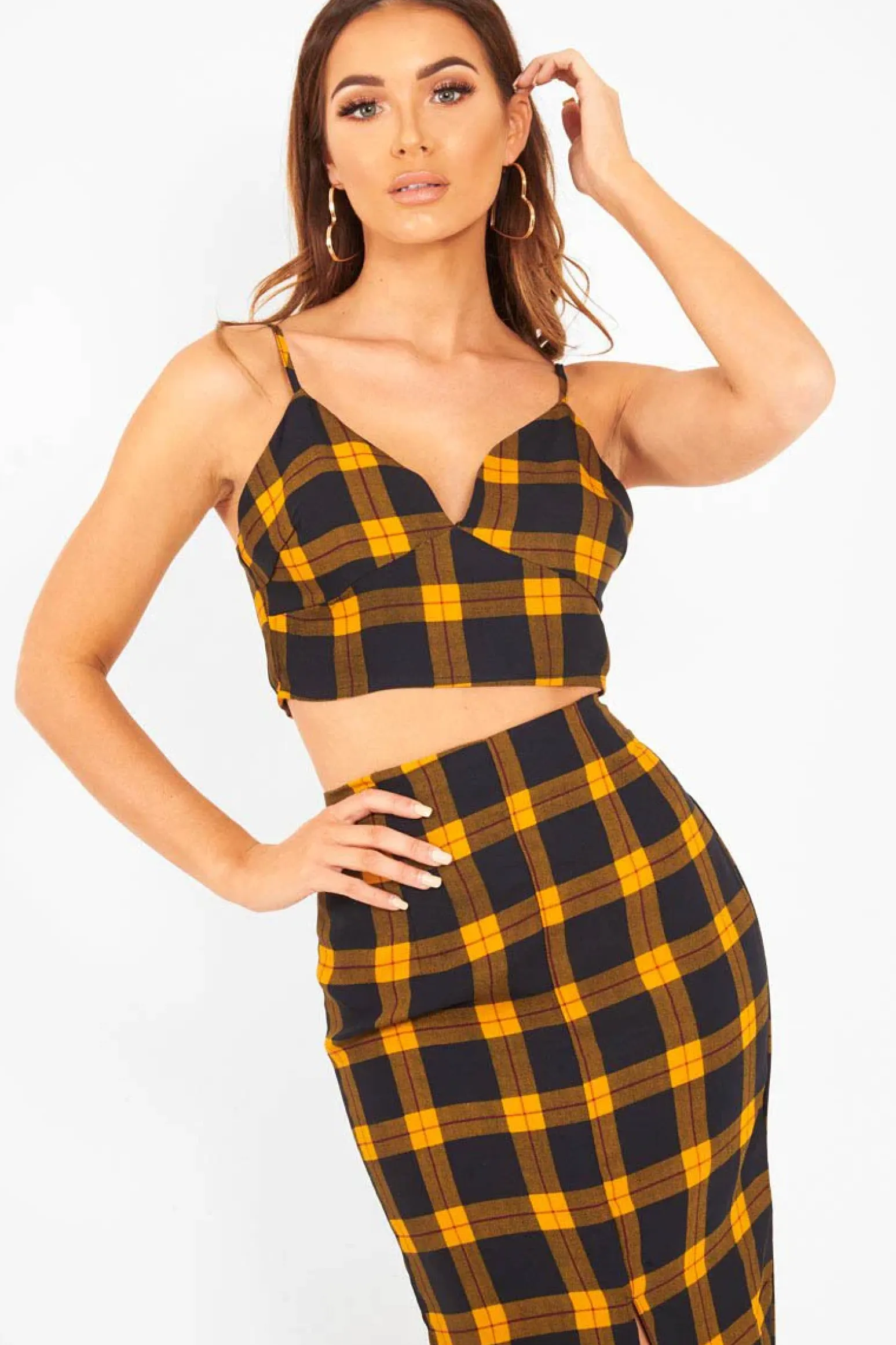 Rebellious Fashion Mustard Check Bralet And Midi Skirt Co-ord - Caden