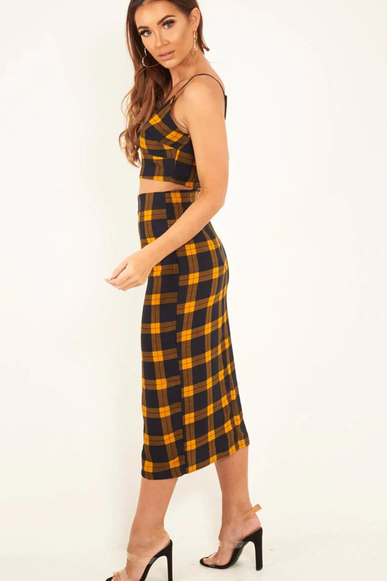 Rebellious Fashion Mustard Check Bralet And Midi Skirt Co-ord - Caden