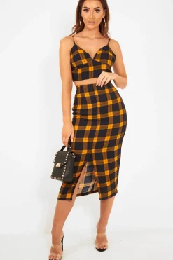 Rebellious Fashion Mustard Check Bralet And Midi Skirt Co-ord - Caden