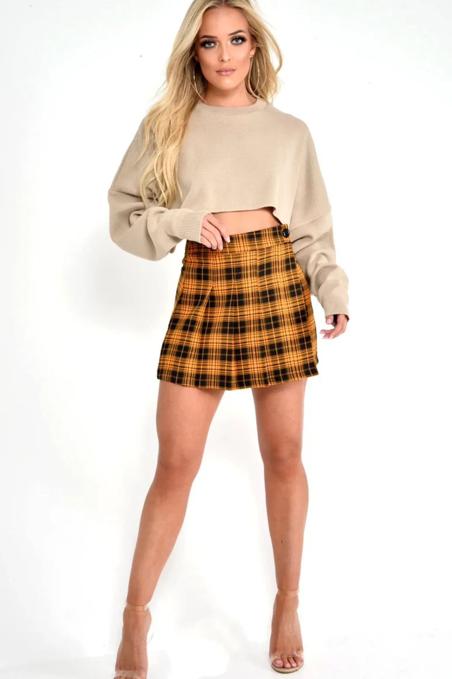 Rebellious Fashion Mustard Check Button Front Pleated Skirt - Laela