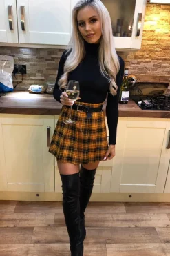 Rebellious Fashion Mustard Check Button Front Pleated Skirt - Laela