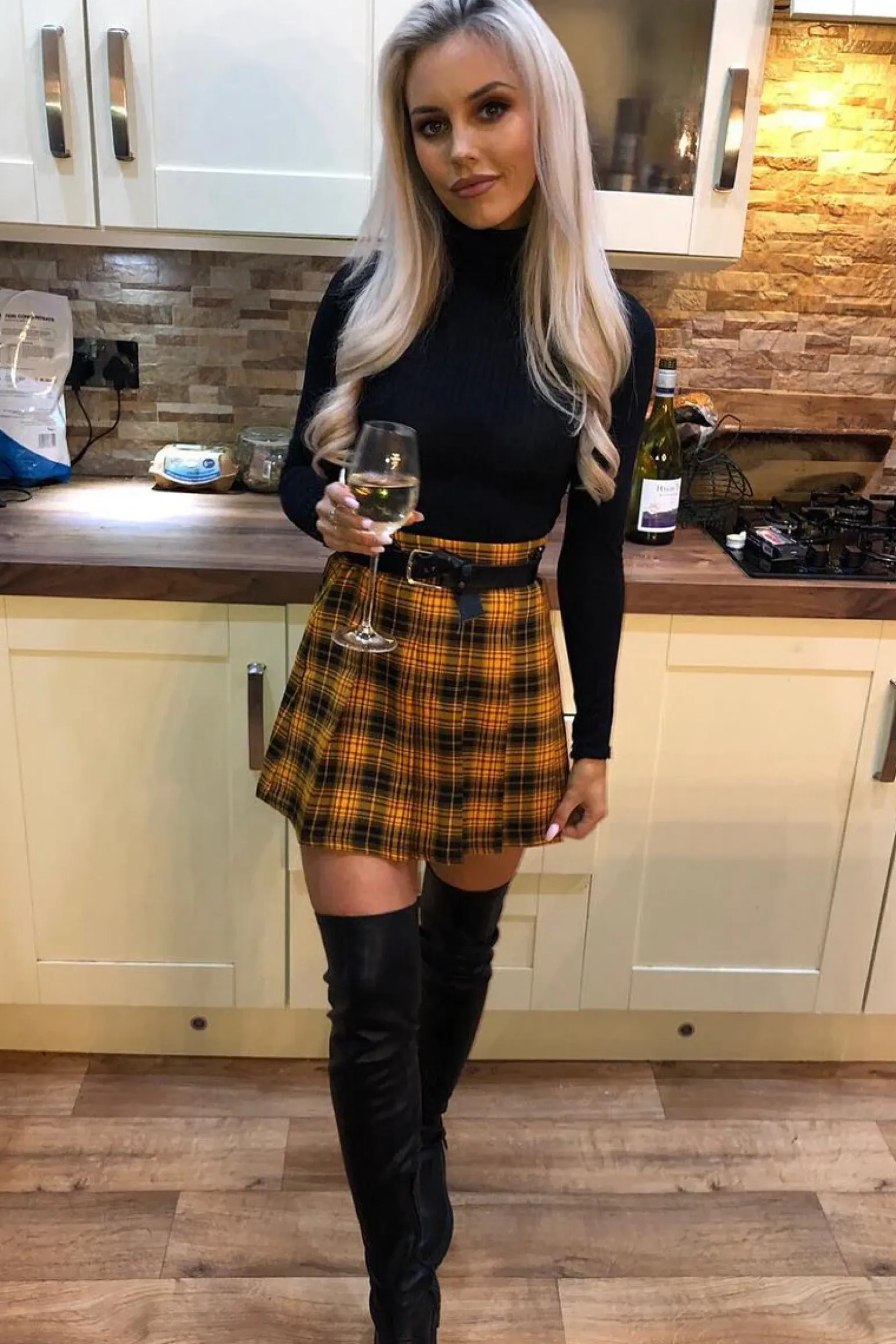 Rebellious Fashion Mustard Check Button Front Pleated Skirt - Laela