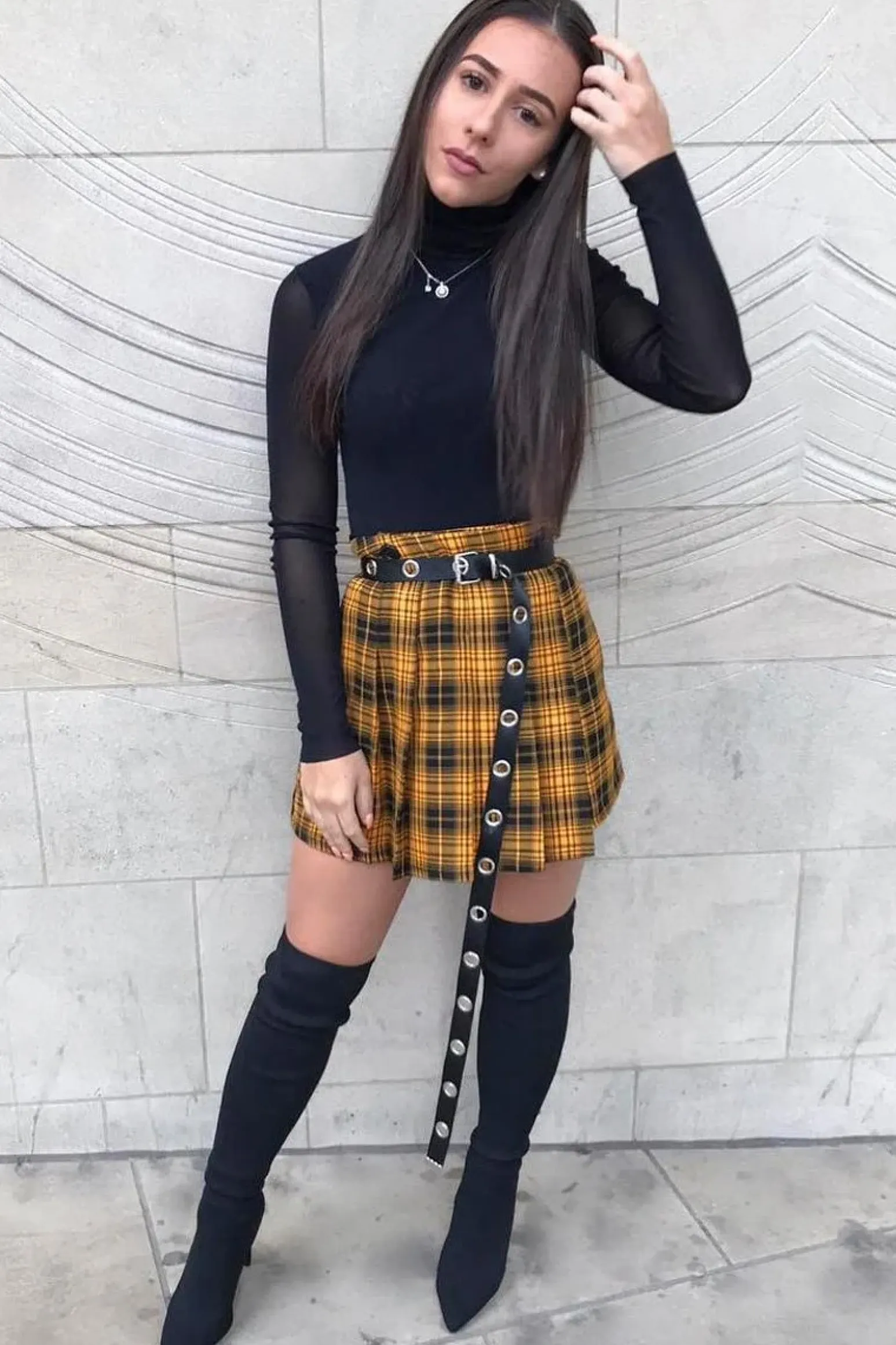 Rebellious Fashion Mustard Check Button Front Pleated Skirt - Laela