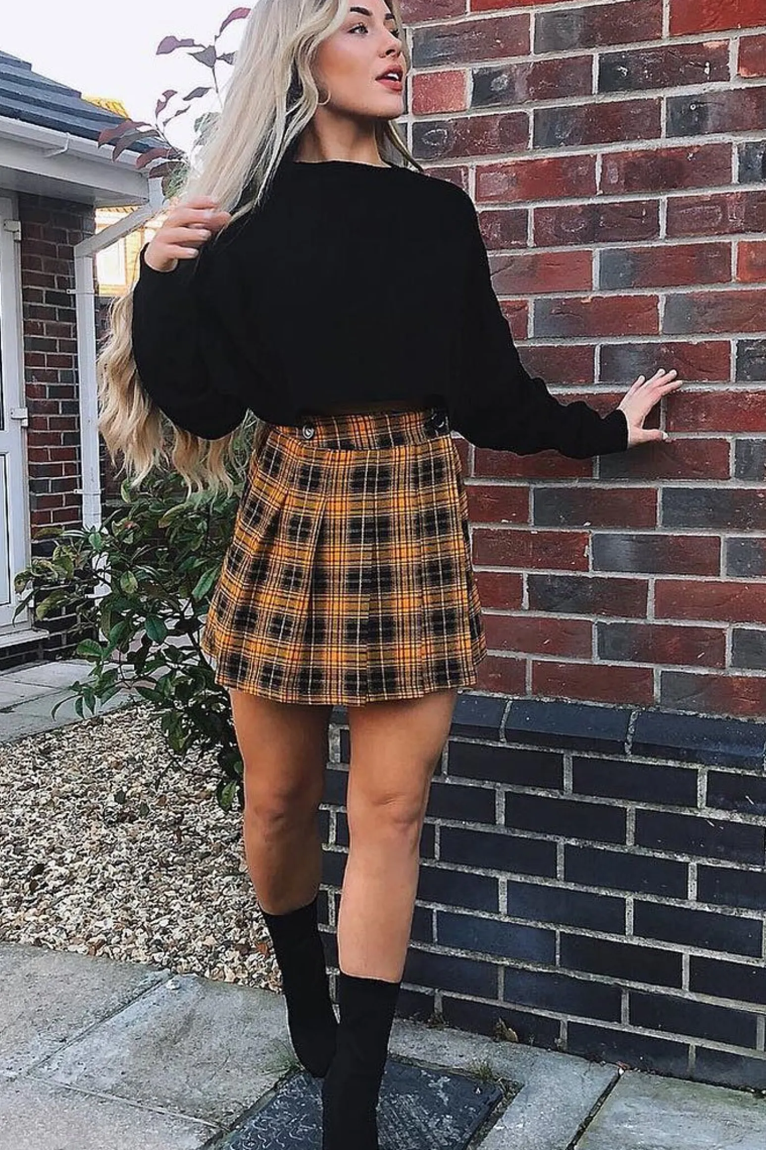 Rebellious Fashion Mustard Check Button Front Pleated Skirt - Laela