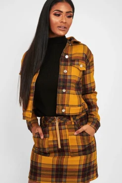 Rebellious Fashion Mustard Check Crop Trucker Jacket And Skirt Co-ord - Abegail