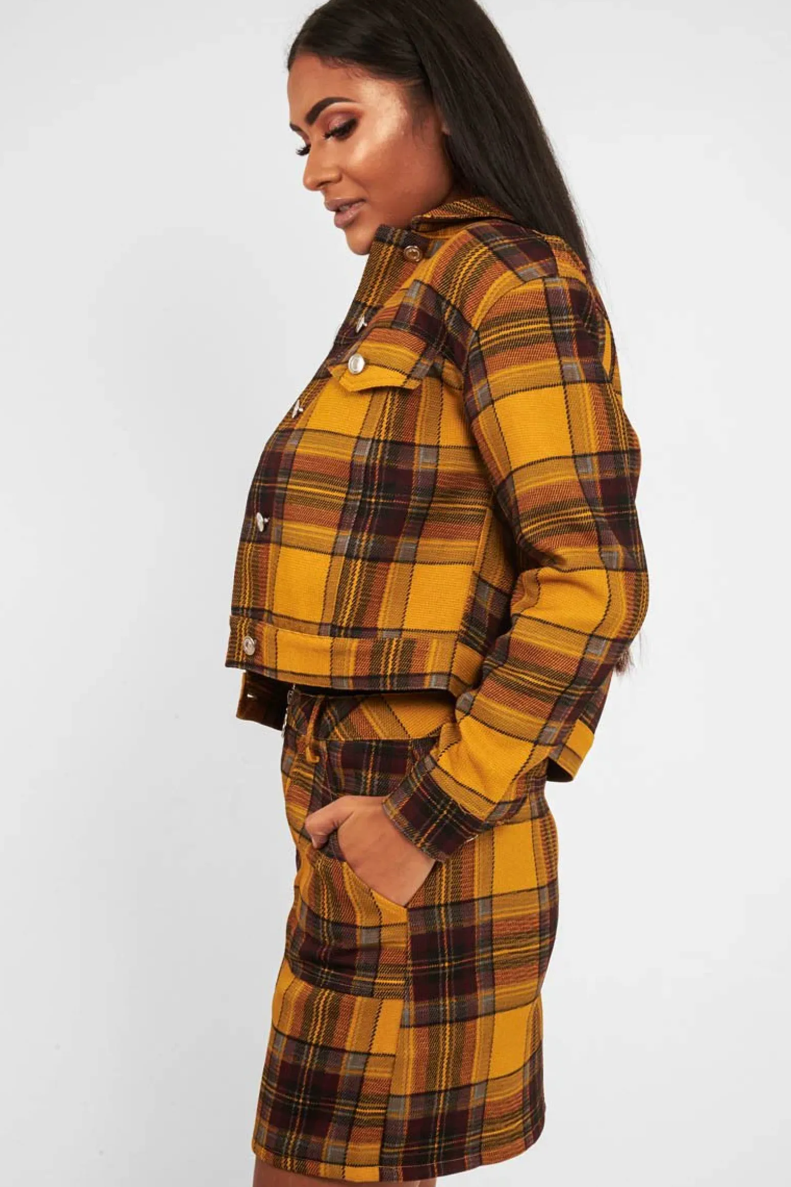 Rebellious Fashion Mustard Check Crop Trucker Jacket And Skirt Co-ord - Abegail