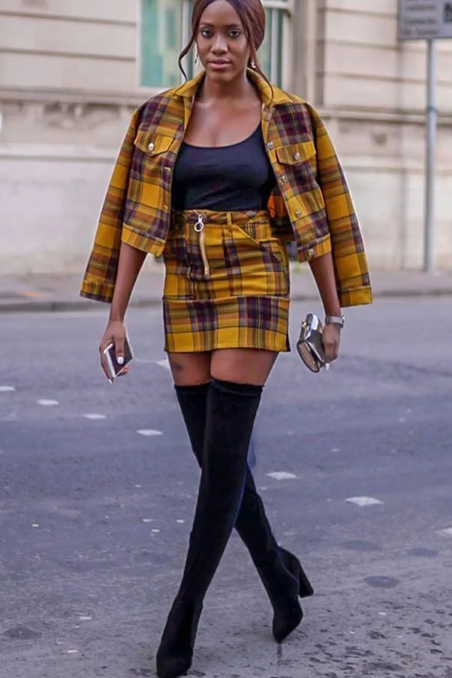 Rebellious Fashion Mustard Check Crop Trucker Jacket And Skirt Co-ord - Abegail