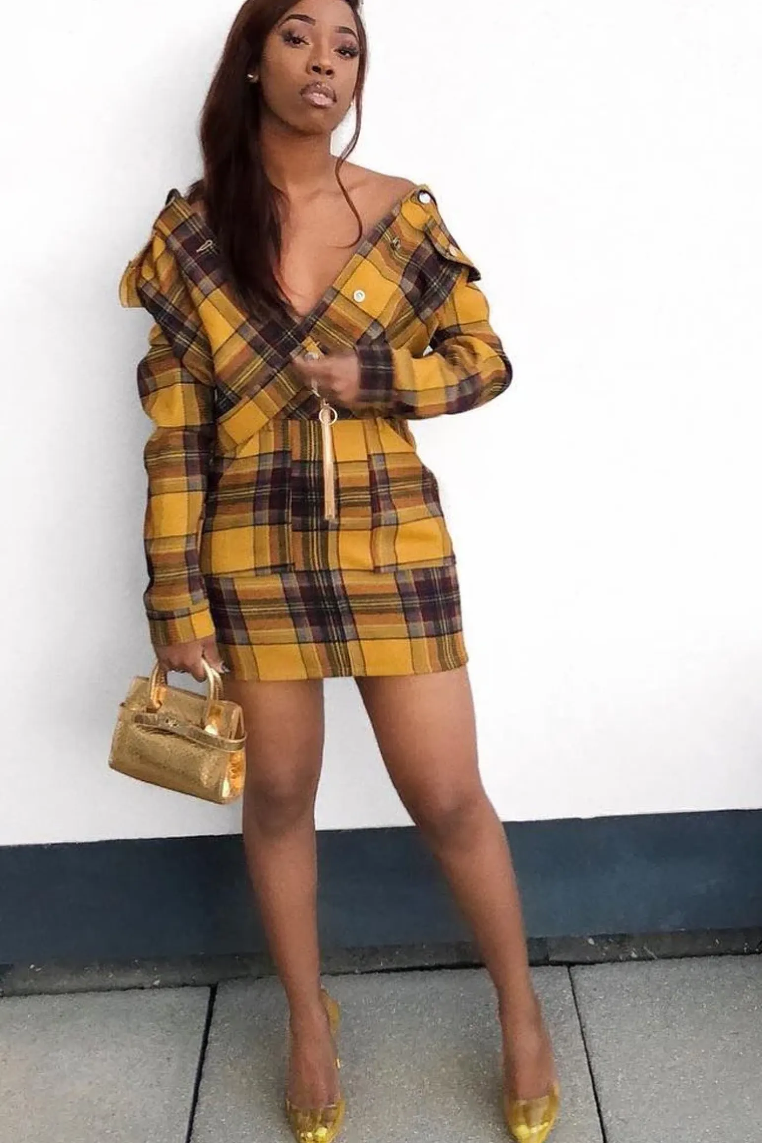 Rebellious Fashion Mustard Check Crop Trucker Jacket And Skirt Co-ord - Abegail