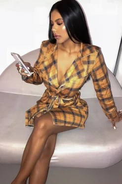 Rebellious Fashion Mustard Check Faux Suede Eyelet Detail Trench Coat - Safiyya