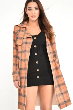 Rebellious Fashion Mustard Check Faux Suede Eyelet Detail Trench Coat - Safiyya