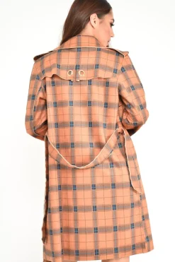 Rebellious Fashion Mustard Check Faux Suede Eyelet Detail Trench Coat - Safiyya