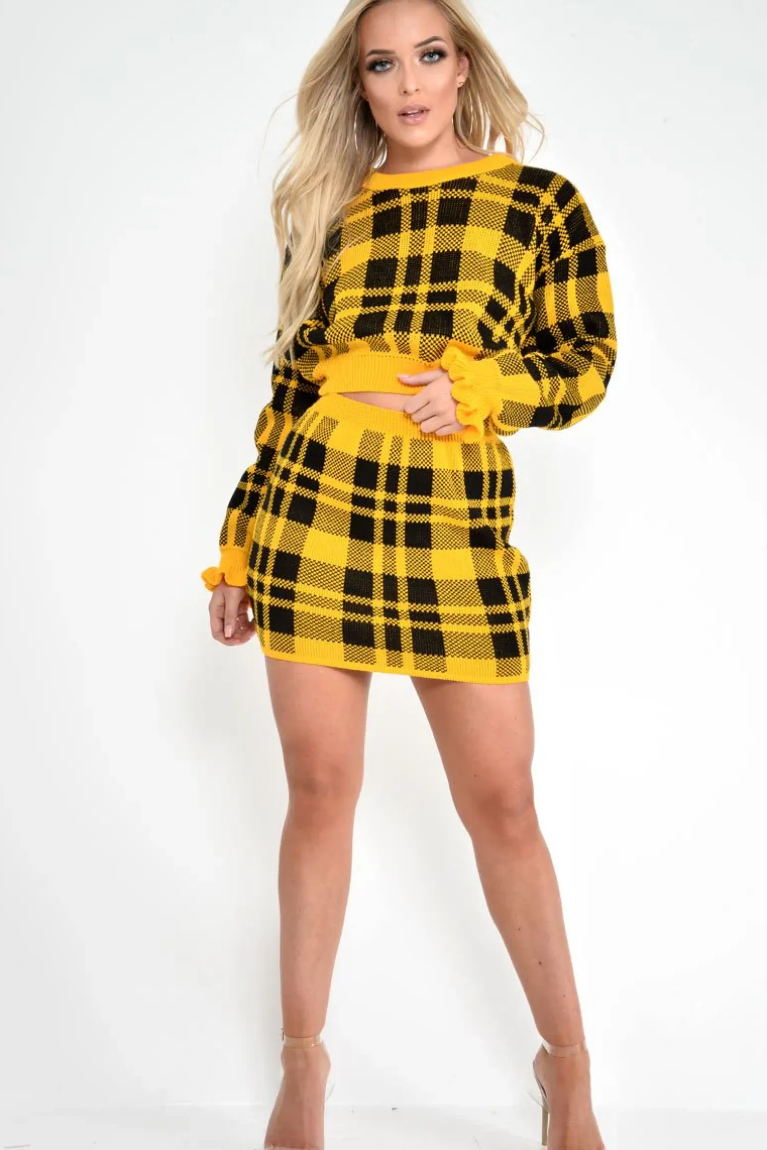 Rebellious Fashion Mustard Check Frill Cuff Knit Jumper - Lanelle