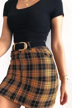 Rebellious Fashion Mustard Check High Waist Mini Skirt - Lyra