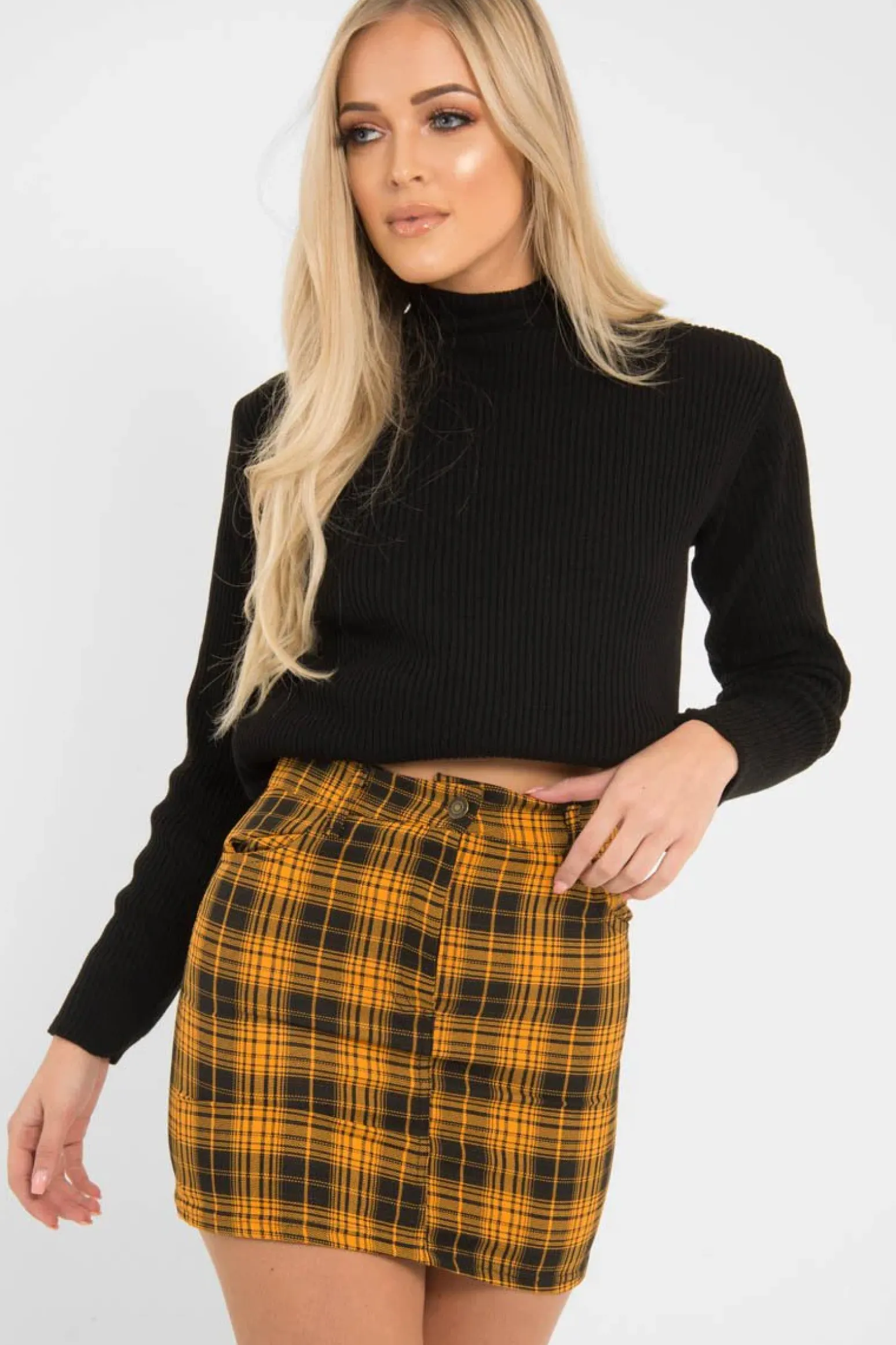 Rebellious Fashion Mustard Check High Waist Mini Skirt - Lyra