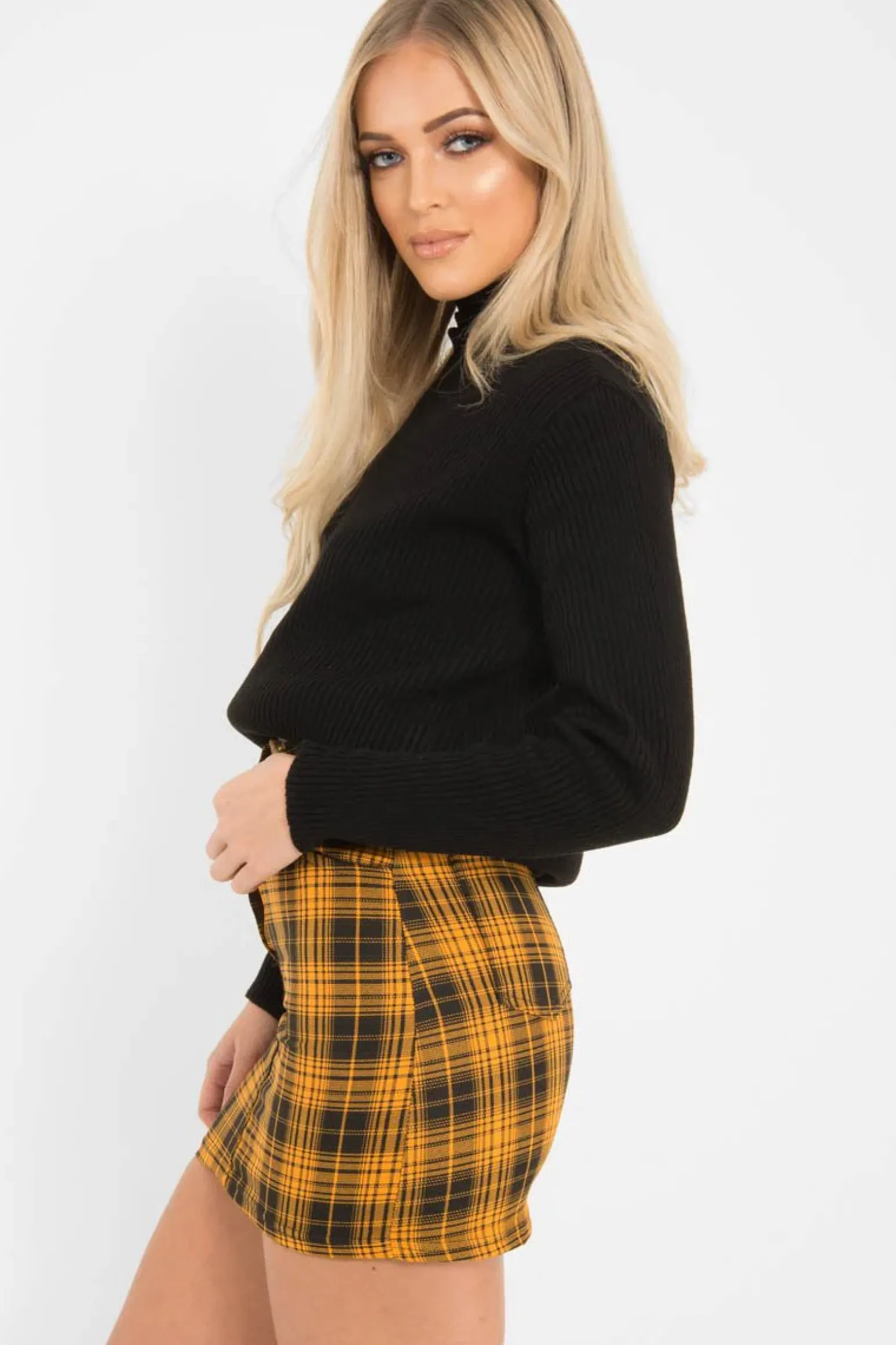 Rebellious Fashion Mustard Check High Waist Mini Skirt - Lyra