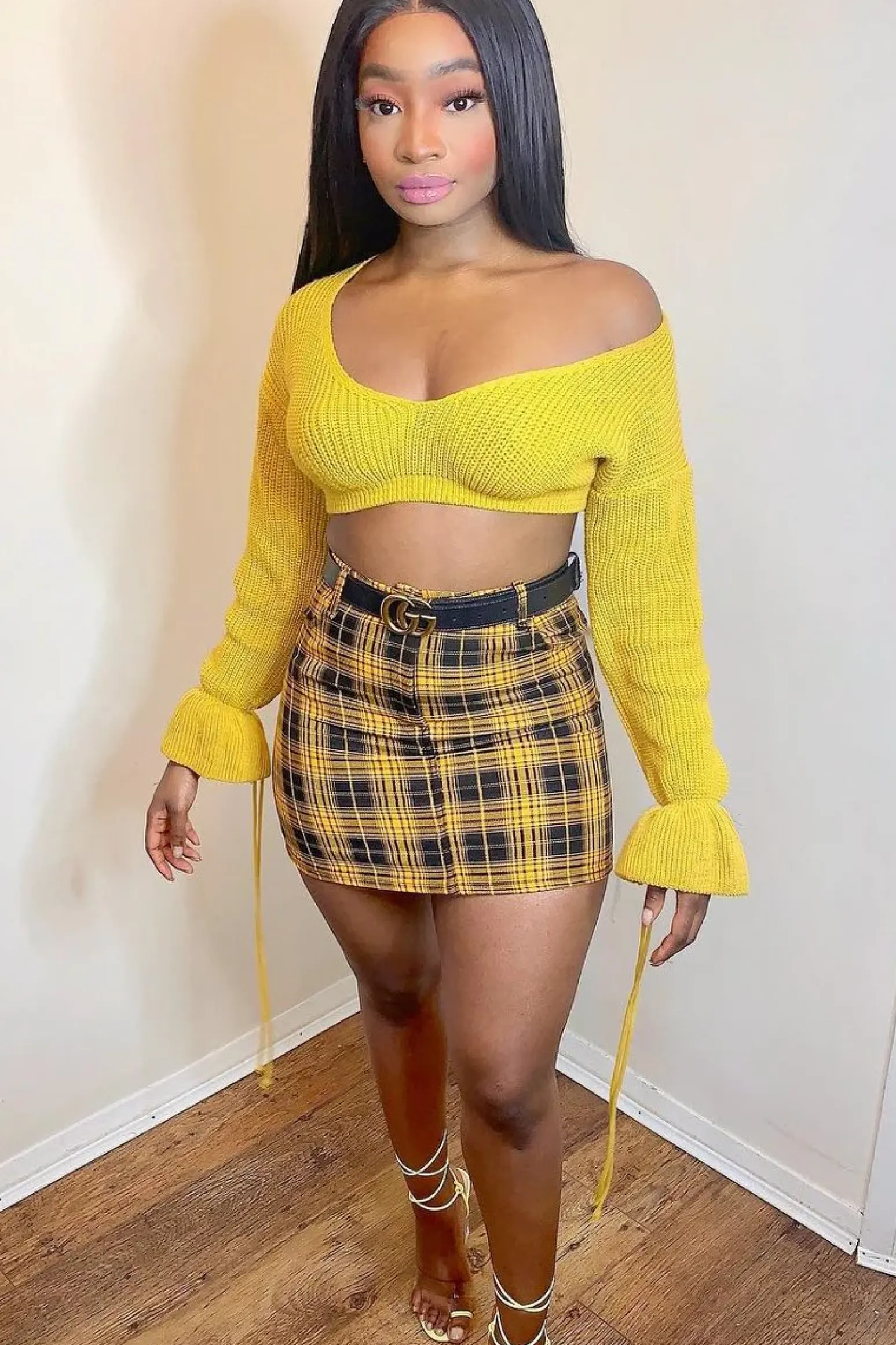 Rebellious Fashion Mustard Check High Waist Mini Skirt - Lyra