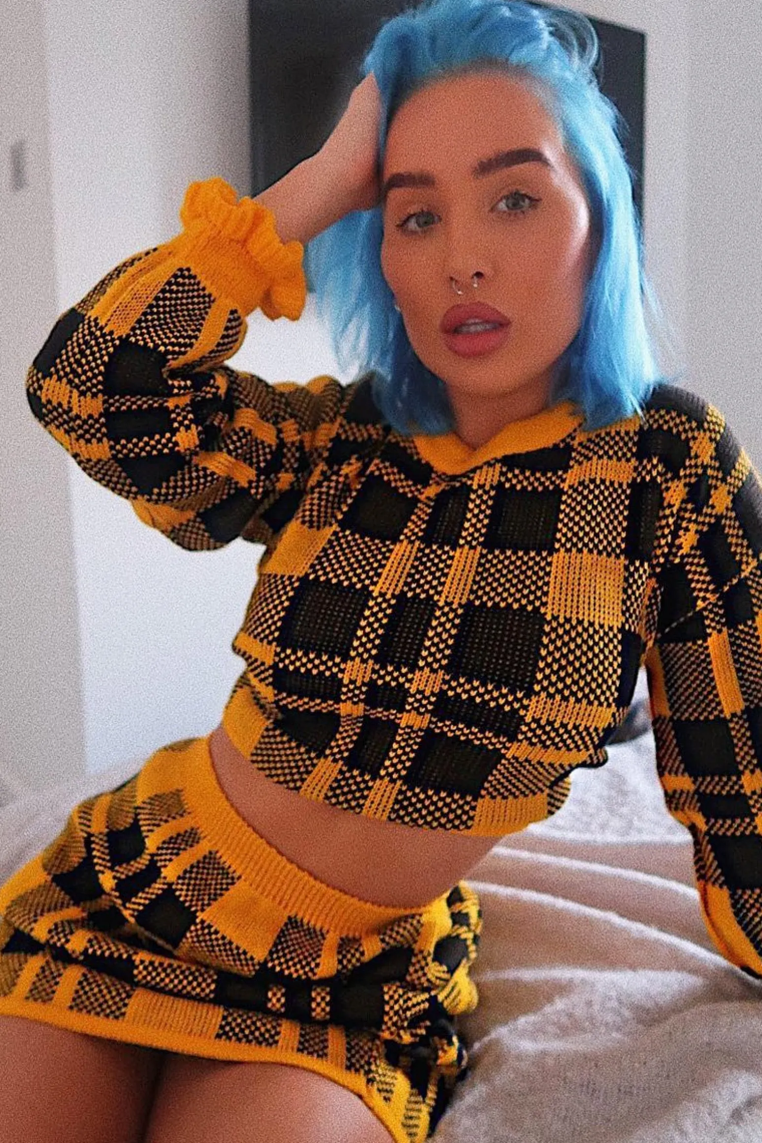 Rebellious Fashion Mustard Check Knit Mini Skirt - Crissy
