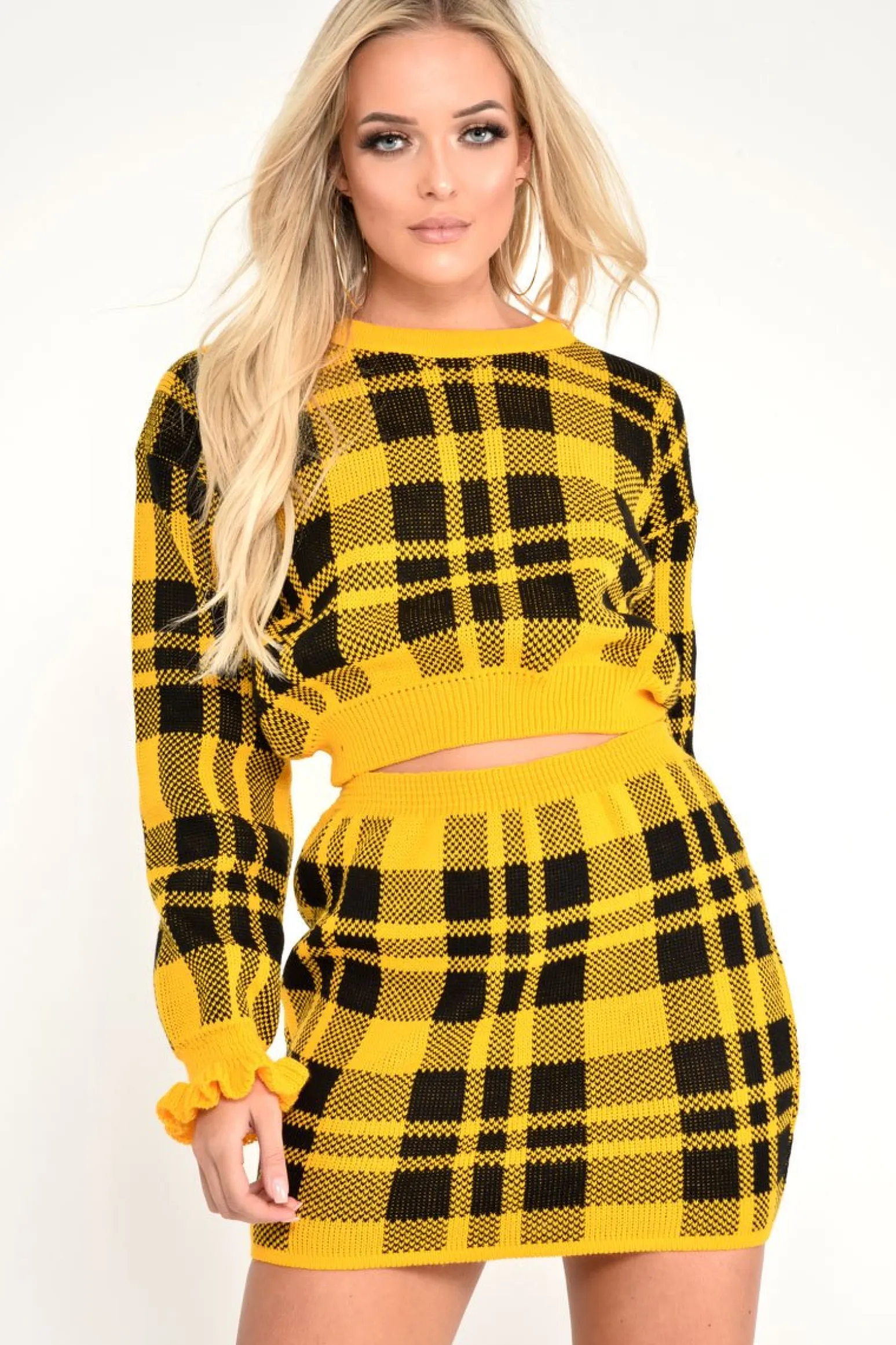 Rebellious Fashion Mustard Check Knit Mini Skirt - Crissy