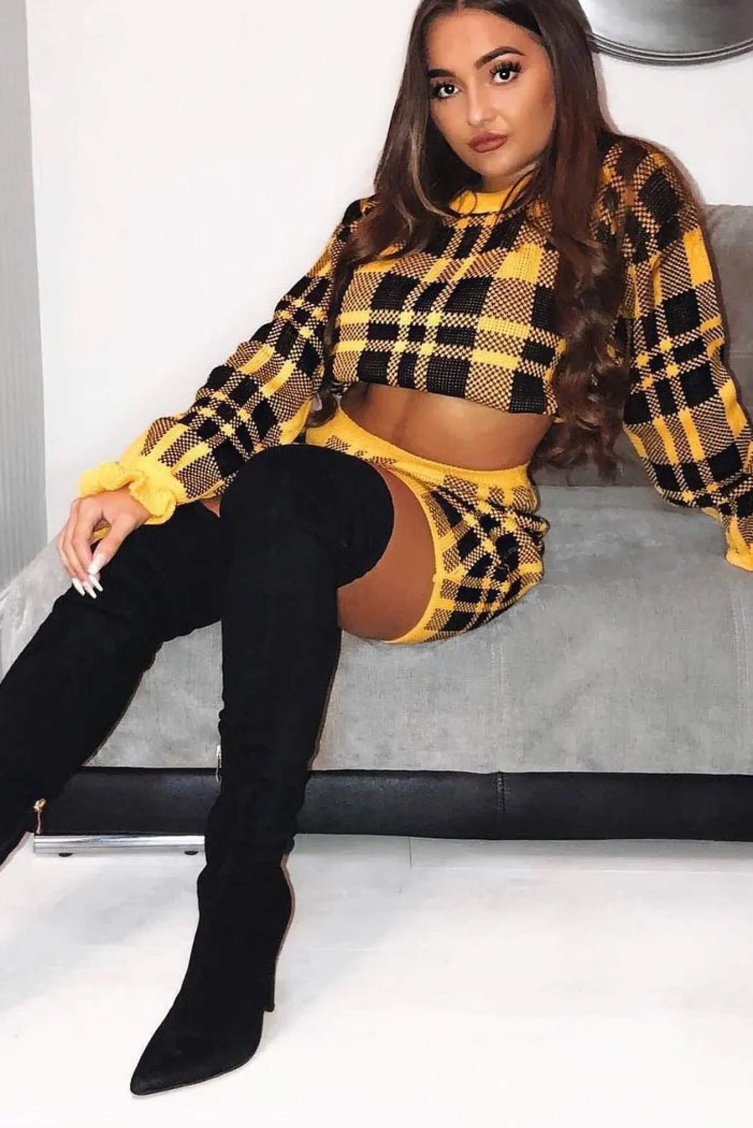 Rebellious Fashion Mustard Check Knit Mini Skirt - Crissy
