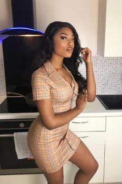 Rebellious Fashion Mustard Check Plunge Zip Mini Dress - Arelys