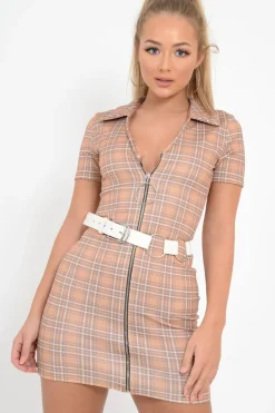 Rebellious Fashion Mustard Check Plunge Zip Mini Dress - Arelys