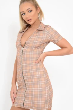 Rebellious Fashion Mustard Check Plunge Zip Mini Dress - Arelys