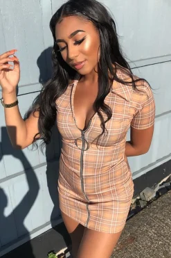 Rebellious Fashion Mustard Check Plunge Zip Mini Dress - Arelys