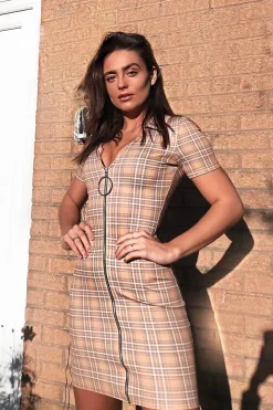 Rebellious Fashion Mustard Check Plunge Zip Mini Dress - Arelys