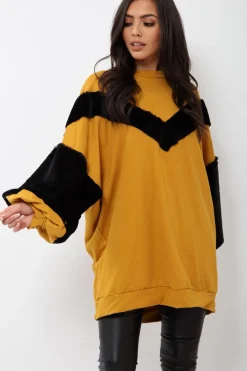 Rebellious Fashion Mustard Chevron Fur Jumper Dress - Esme