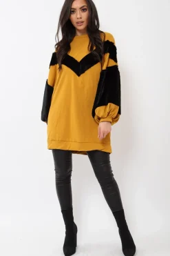 Rebellious Fashion Mustard Chevron Fur Jumper Dress - Esme