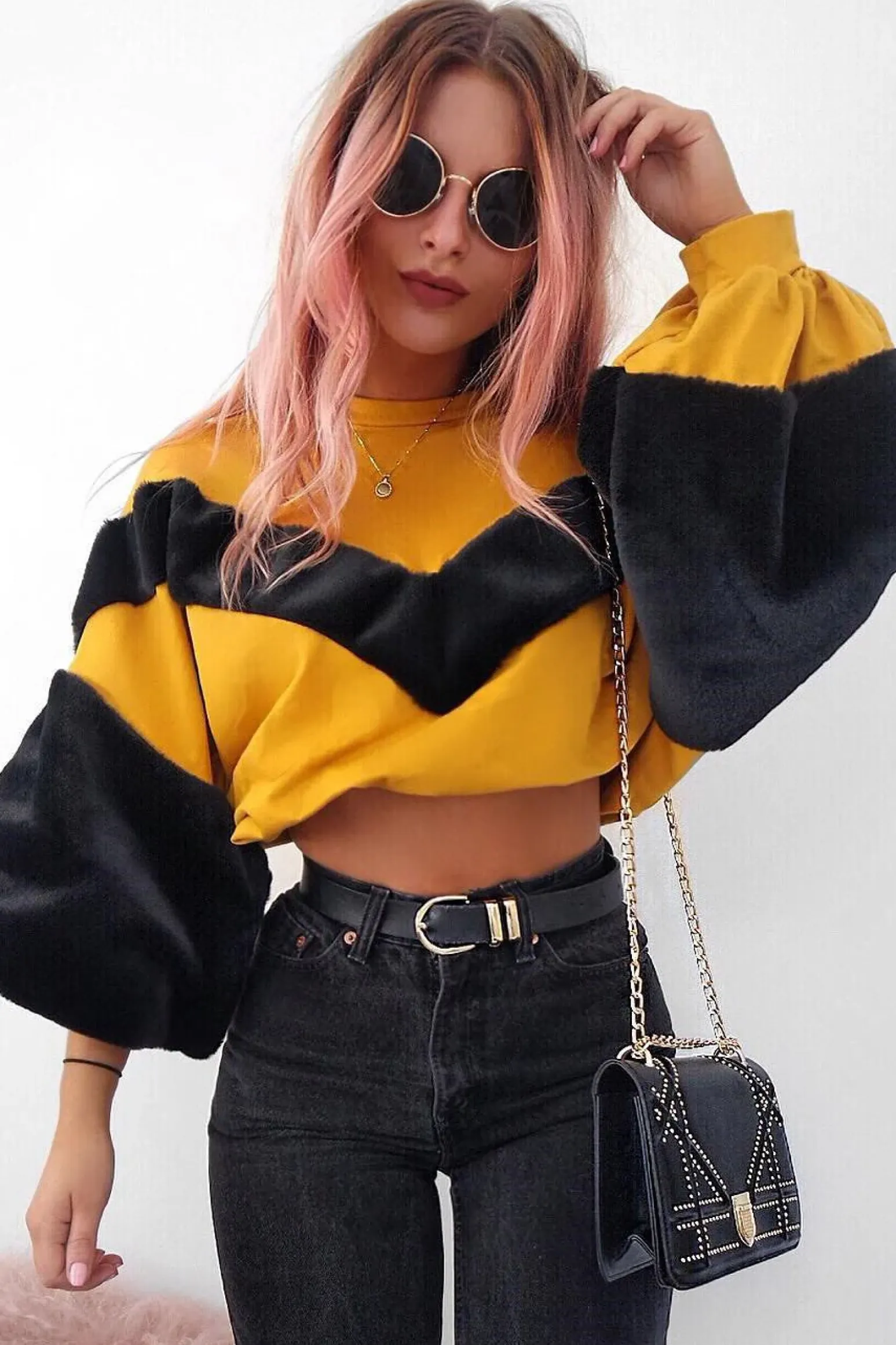 Rebellious Fashion Mustard Chevron Fur Jumper - Lara