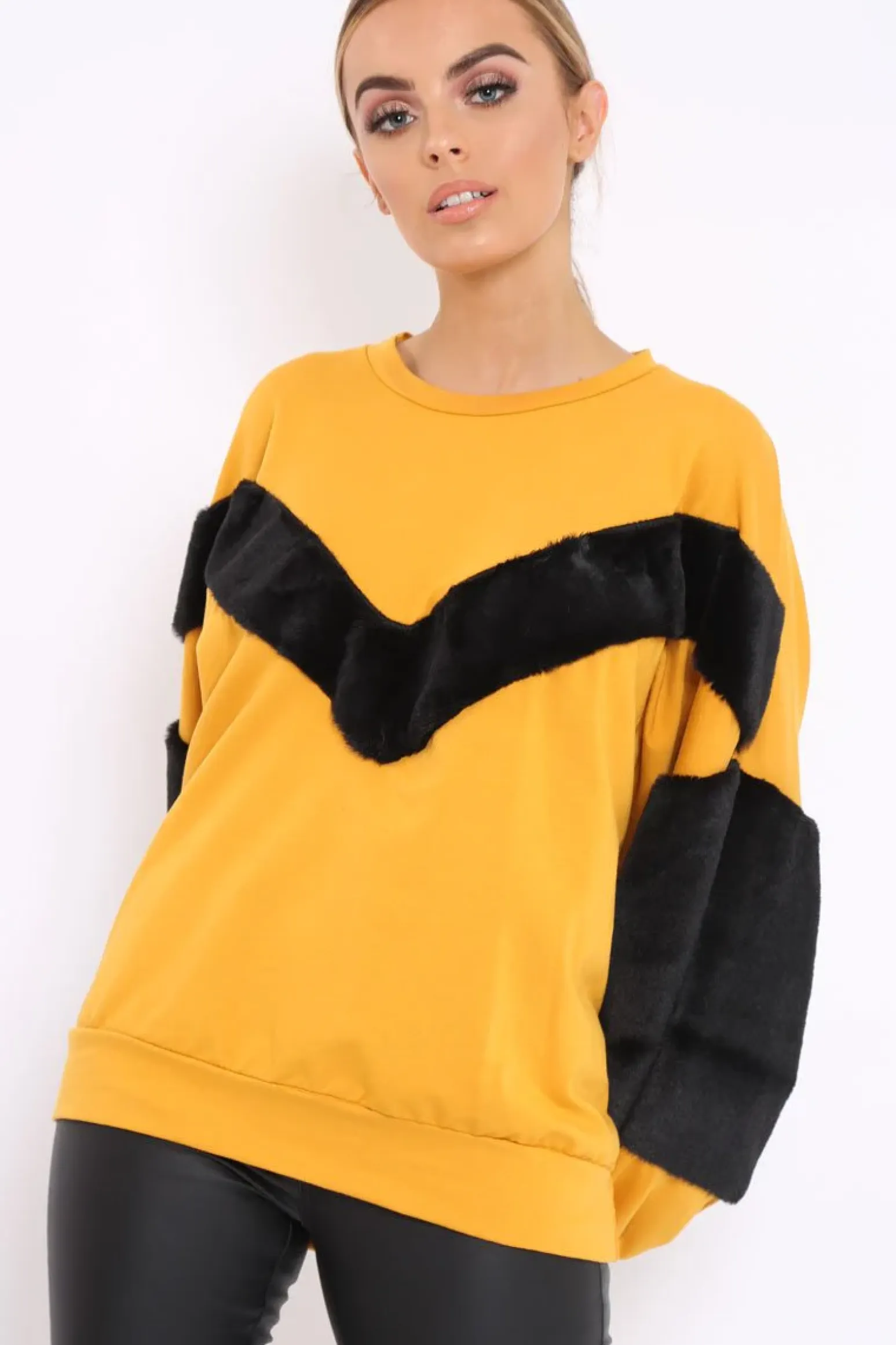 Rebellious Fashion Mustard Chevron Fur Jumper - Lara
