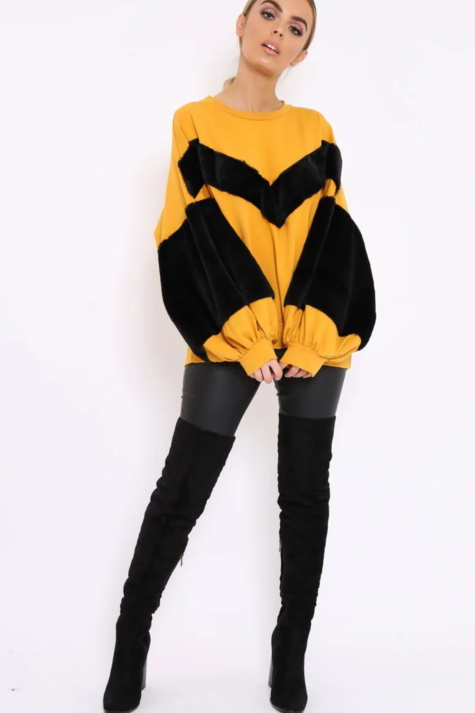 Rebellious Fashion Mustard Chevron Fur Jumper - Lara
