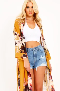 Rebellious Fashion Mustard Chiffon Floral Kimono - Suriah
